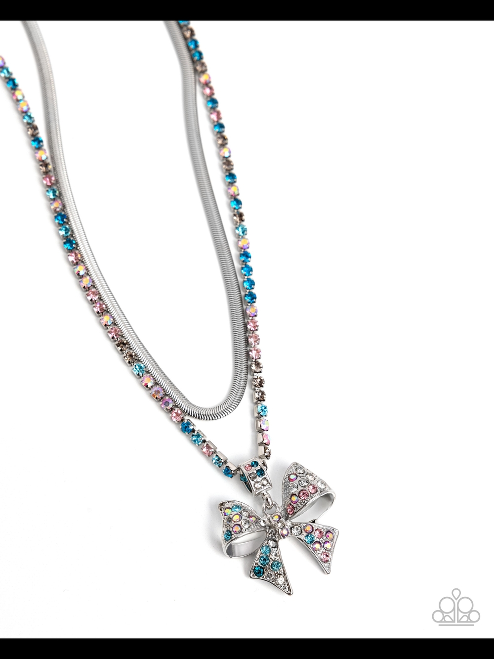 Cheerful Coquette Paparazzi Silver-Tone Multicolor Crystal Bow Pendant Necklace